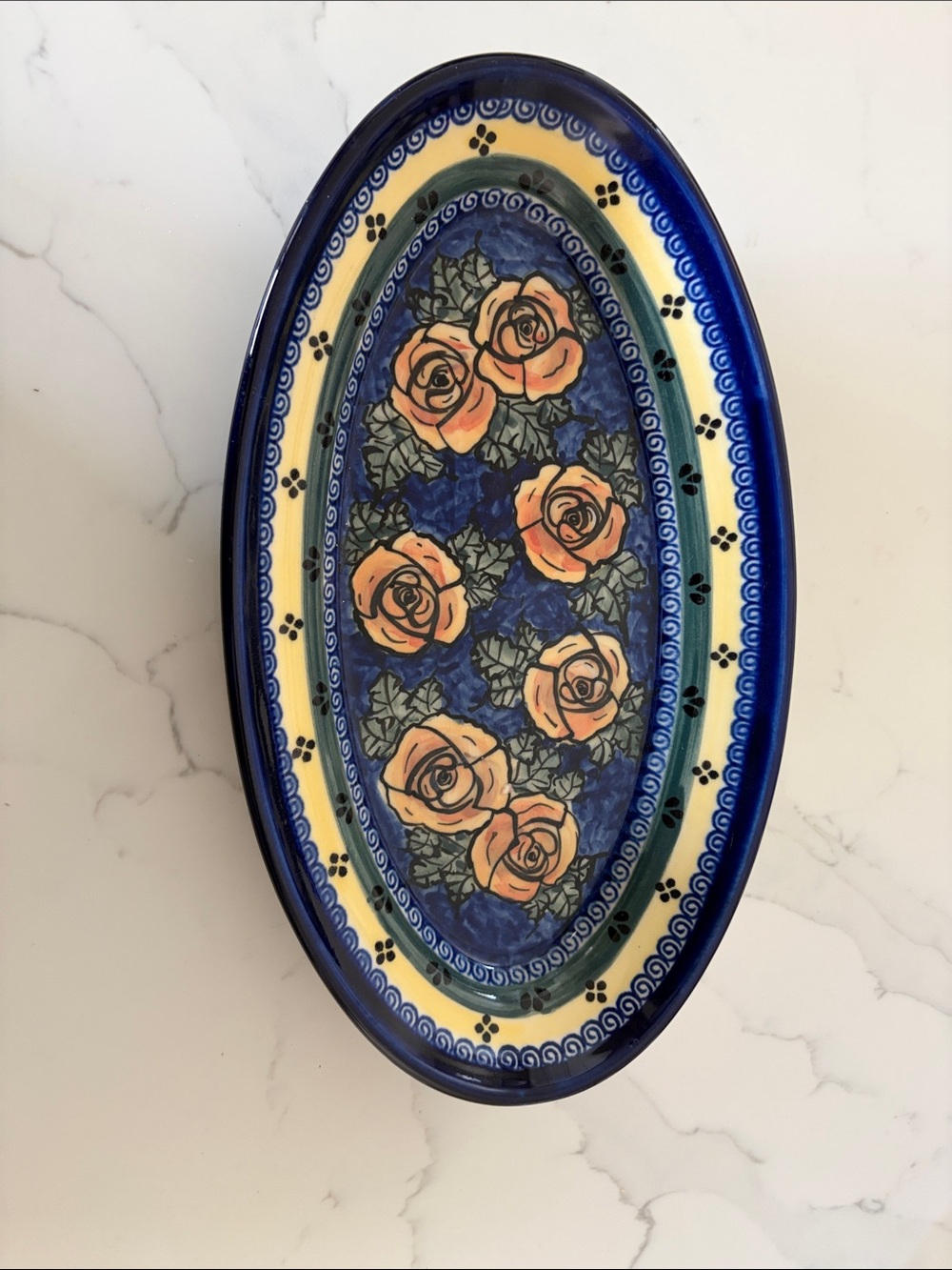 Oval Ceramic Serving Platter with Peach Rose Motif